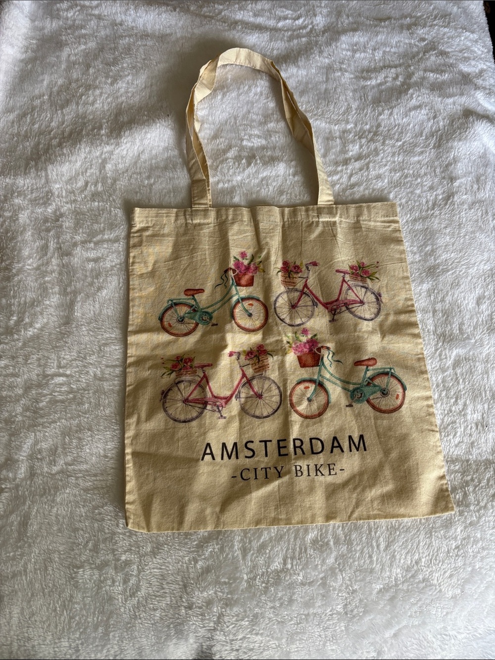 Amsterdam City Bike Tote Bag - Yellow with Pink & Teal Bike Print